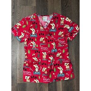 Women’s Scrub Top Rudolph The Red Nose Reindeer Christmas Size XS